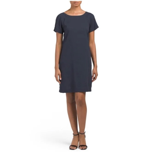 Theory Navy Blue Lace Back Raglan Shift Dress Linen Blend Size 6 Knee Length - Picture 9 of 9